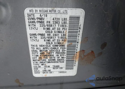 2019 Nissan Rogue Sv z USA, uszkodzony, nr VIN JN8AT2MV6KW397599